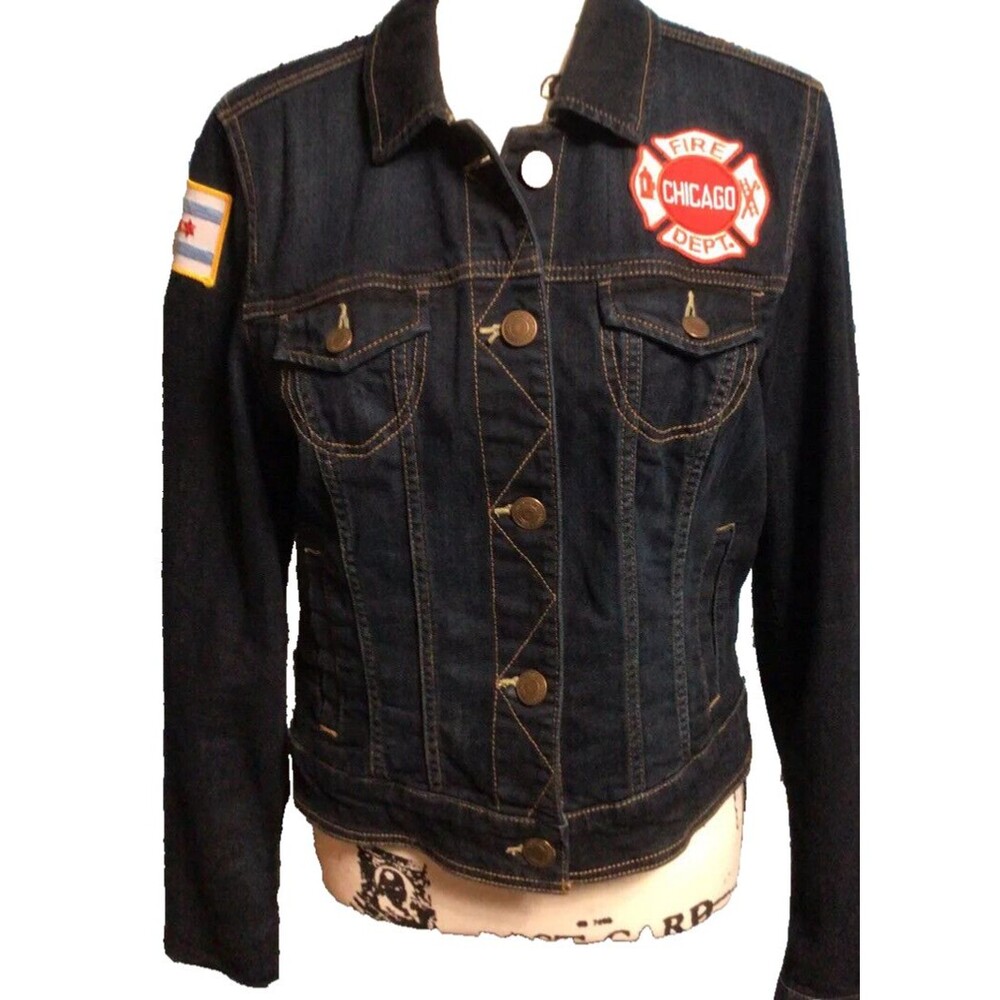 American Eagle Classic Dark Wash Denim Blue Jean Jacket w Patches Womens Size L